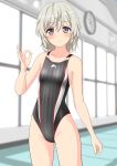  1girl absurdres black_swimsuit breasts collarbone commentary_request cowboy_shot high_school_fleet highres indoors logo looking_at_viewer ok_sign parted_lips purple_eyes short_hair silver_hair small_breasts solo standing striped striped_swimsuit swimsuit takafumi tateishi_shima 