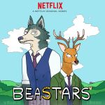  2020 anthro antlers beastars black_nose blue_body blue_fur blue_sky bojack_horseman bottomwear brown_body brown_fur brown_nose canid canine canis cervid cervine clothed clothing cloud countershading crossover duo english_text fangs fur grey_body grey_fur hi_res horn jacket legoshi_(beastars) looking_aside louis_(beastars) male mammal necktie netflix outside pants red_deer scar school_uniform signature size_difference sky ssinapellido standing style_parody text topwear uniform vest wolf 