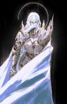  1boy armor berserk black_background blue_eyes blue_hair breastplate cape chun_lo eclipse griffith hair_over_mouth highres holding holding_sword holding_weapon light_blue_hair long_hair male_focus pauldrons rapier shoulder_armor sketch solo sword vambraces weapon white_cape white_theme 