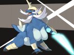  2020 action_pose anthro armor beard belly blue_body breasts claws facial_hair fangs featureless_breasts featureless_crotch female fin hi_res kame_3 melee_weapon nintendo open_mouth pok&eacute;mon pok&eacute;mon_(species) pose red_nose samurott shell signature simple_background solo sword tail_fin video_games weapon white_beard white_belly yellow_eyes 
