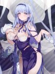  1girl azur_lane blush breasts criss-cross_halter dido_(anxious_bisque_doll)_(azur_lane) dido_(azur_lane) dress dress_straps eyebrows_visible_through_hair hairband halter_dress halterneck hand_on_own_chest highres large_breasts large_wings long_dress long_hair multiple_hands nakano_yae purple_dress purple_eyes purple_hairband purple_headband solo white_hair 