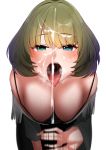  1girl bra_strap breasts cleavage cum cum_string facial handjob heterochromia highres idolmaster idolmaster_cinderella_girls invisible_penis large_breasts looking_at_viewer loose_clothes medium_breasts mole mole_under_eye senju_(snz0) steam takagaki_kaede tongue tongue_out 