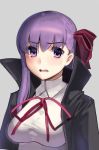  1girl bb_(fate)_(all) bb_(fate/extra_ccc) black_coat blush boa_(brianoa) coat d: eyebrows_visible_through_hair fate/extra fate/extra_ccc fate_(series) grey_background hair_ribbon highres looking_at_viewer neck_ribbon open_clothes open_coat open_mouth parted_lips popped_collar purple_eyes purple_hair red_neckwear red_ribbon ribbon shirt simple_background solo upper_body white_shirt wing_collar 