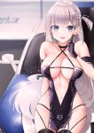  1girl azur_lane bangs black_dress black_gloves black_legwear blue_eyes blurry blurry_background blush breasts car center_opening choker cleavage collarbone commentary_request criss-cross_halter dress eyebrows_visible_through_hair gloves ground_vehicle hair_ornament halter_dress halterneck hand_up highres indoors large_breasts long_hair looking_at_viewer mole mole_under_eye motor_vehicle navel one_side_up open_mouth race_queen revealing_clothes shoukaku_(azur_lane) shoukaku_(sororal_wings)_(azur_lane) side_ponytail sidelocks silver_hair sitting skindentation smile solo sora_(men0105) thighhighs thighs very_long_hair 