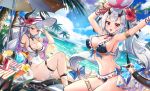  2girls :d anzumame armlet armpits arms_up ball bangs bare_shoulders beach_chair beach_umbrella beachball bikini black_bikini black_horns blue_bow blue_sky blunt_bangs blush bow bracelet breasts can cleavage cloud collarbone commentary_request covered_navel cowboy_shot cup day diffraction_spikes dragon_girl dragon_horns dragon_tail drink drinking_glass drinking_straw epic7 eyebrows_visible_through_hair flower forehead_jewel glint groin hair_between_eyes hair_bow hair_flower hair_ornament hairclip hat hat_flower highres holding holding_ball horns horns_through_headwear jewelry large_breasts lens_flare leotard light_particles light_rays long_hair looking_at_viewer low-tied_long_hair luna_(epic7) midriff multiple_girls navel ocean open_mouth outdoors palm_tree pointy_ears purple_shawl red_eyes sand shawl sheer_clothes siblings sidelocks sisters sitting sky smile soda_can solo standing starfish sun_hat sunbeam sunlight swept_bangs swimsuit table tail tail_bow tail_bracelet thigh_strap thighlet tree umbrella very_long_hair water_drop white_hair white_headwear white_leotard white_swimsuit x_hair_ornament yufine_(epic7) 