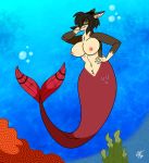  anthro blue_eyes breasts brown_body brown_fur canid canine canis female fish fur hair hybrid looking_at_viewer lucy_lupa mammal marine merfolk nipples nude pinup pose smile solo unclescooter underwater water wolf 