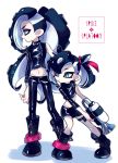  1boy 1girl asymmetrical_bangs bangs black_hair boots brother_and_sister cephalopod_eyes green_eyes hair_over_one_eye highres latex long_hair makeup mary_(pokemon) mascara midriff multicolored_hair nezu_(pokemon) octoling octoshot_(splatoon) oyaji_pk pants pokemon pokemon_(game) pokemon_swsh shiny siblings single_sleeve splatoon_(series) splatoon_2 splatoon_2:_octo_expansion suction_cups tentacle_hair two-tone_hair weapon 