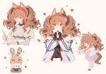  1girl angelina_(arknights) animal_ears arknights black_gloves blush brown_hair bunny covering_mouth gloves hairband heart highres long_hair love_letter lyra-kotto orange_eyes red_nails school_uniform smile tail twintails writing 