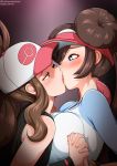  2girls artist_name bare_shoulders baseball_cap black_vest blue_eyes blush breasts brown_hair double_bun eye_contact french_kiss from_side hair_bun half-closed_eyes hat holding_hands interlocked_fingers kiss large_breasts long_hair long_sleeves looking_at_another mei_(pokemon) multiple_girls neocoill open_eyes pink_headwear pokemon pokemon_(game) ponytail raglan_sleeves saliva sleeveless tongue touko_(pokemon) twintails upper_body vest visor_cap watermark web_address wristband yuri 