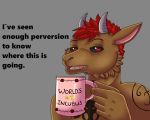  5:4 anthro bovid caprine coffee_mug demon english_text fizzlepaw flower fode_the_incubus fur glowing glowing_eyes hair holding_cup holding_object horn humor looking_at_viewer male mammal meme nude plant red_eyes red_hair rose_(flower) simple_background solo tattoo tattooed_arm text 