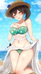  1girl alternate_costume beach bikini blue_sky breasts brown_eyes brown_hair chiyo_(pk19981234) day green_bikini hat highres kaga_(kantai_collection) kantai_collection large_breasts long_hair navel outdoors polka_dot polka_dot_bikini sarong short_sidetail side_ponytail sky solo straw_hat striped striped_bikini swimsuit white_sarong yellow_bikini 