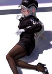  1girl artist_name black_legwear closed_mouth eyebrows_behind_hair fkey glasses gloves grey_hair hat high_heels highres on_floor original pantyhose pencil_skirt red_eyes shadow skirt solo sweater white_gloves 