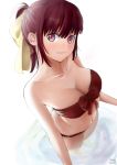  1girl 2018 bangs bikini blush breasts cleavage collarbone dated eyebrows_visible_through_hair from_above hair_between_eyes hair_ribbon head_tilt looking_at_viewer medium_breasts navel original ponytail red_bikini red_eyes red_hair ribbon shiny shiny_hair short_hair signature simple_background solo standing strapless strapless_bikini swimsuit viktorf wading white_background yellow_ribbon 