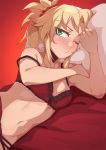  1girl bed blonde_hair bra breasts cleavage commentary darahan english_commentary eyebrows_visible_through_hair eyes_visible_through_hair fate/apocrypha fate_(series) green_eyes looking_at_viewer lying medium_breasts midriff mordred_(fate) mordred_(fate)_(all) navel on_bed on_side one_eye_closed panties pillow ponytail solo stomach underwear upper_body 