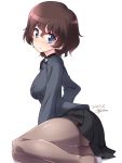  1girl akaboshi_koume artist_name ass black_legwear black_skirt blue_eyes blush breasts brown_hair closed_mouth dated eyebrows_visible_through_hair feet_out_of_frame girls_und_panzer highres kuromorimine_school_uniform kuzuryuu_kennosuke large_breasts looking_at_viewer panties panties_under_pantyhose pantyhose school_uniform shiny shiny_hair shiny_skin short_hair simple_background skirt smile solo underwear white_background white_panties 