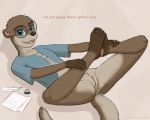  2018 5:4 anthro blue_eyes bottomless brown_body brown_fur butt clitoris clothed clothing dialogue eddiew english_text eyewear female flat_chested fur genitals glasses inkwell legs_up looking_at_viewer loose_feather lutrine lying mammal mustelid on_back open_mouth open_smile paper presenting presenting_pussy pussy quill shirt simple_background smile solo spread_legs spreading tan_body tan_fur text topwear 