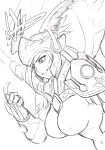  1girl angel_wings breasts commentary crazy_eyes dutch_angle english_commentary from_side gauntlets greyscale halo hand_up head_wings ilias large_breasts long_hair maritan_(pixelmaritan) mon-musu_quest! monochrome navel nipples original smile solo visor_(armor) wings 