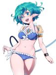  1girl :d bikini blue_bikini bracelet cowboy_shot fingernails glasses green_eyes green_hair highres jewelry looking_at_viewer messy_hair nail_polish natto_soup navel open_mouth pink_nails pointy_ears round_eyewear saika_(xenoblade) short_hair simple_background smile solo swimsuit tail white_background xenoblade_(series) xenoblade_2 