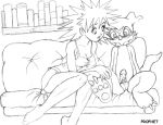  anthro digimon digimon_(species) duo erection female furniture genitals human human_on_anthro interspecies jun_motomiya male male/female mammal monochrome nipple_outline penis prophet ready_for_sex sofa veemon 