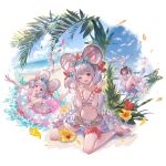  1girl :d ;d alpha_transparency animal_ears balloon bangs bare_shoulders barefoot beach bikini bikini_skirt bird black_hair blue_sky blush bow breasts cleavage cloud day eyebrows_visible_through_hair eyewear_on_head fake_animal_ears full_body granblue_fantasy hair_ornament hairclip heart hood hood_down hoodie innertube leg_garter looking_at_viewer medium_breasts minaba_hideo mouse_ears navel ocean official_art one_eye_closed open_clothes open_hoodie open_mouth outdoors rat red_eyes seagull short_hair silver_hair sitting skirt sky smile star-shaped_eyewear striped striped_bikini sunglasses swimsuit transparent_background vikala_(granblue_fantasy) wariza water wet white_hoodie white_skirt 