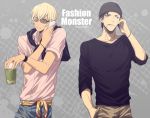  2boys akai_shuuichi amuro_tooru argyle argyle_background beanie black_hair black_headwear black_shirt blonde_hair blue_eyes blue_pants brown_pants cellphone cigarette collared_shirt commentary_request cup dark_skin dark_skinned_male disposable_cup drinking_straw english_text grey_background hair_between_eyes hand_in_pocket hat holding holding_cup holding_phone jacket jacket_on_shoulders male_focus mashima_shima meitantei_conan mouth_hold multiple_boys pants phone pink_shirt shirt smartphone smile standing sunglasses talking_on_phone twitter_username upper_body watch wristwatch 