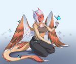  anthro breasts clothed clothing dragon eyebrows eyelashes feathered_dragon feathered_wings feathers feliciacat female fur furred_dragon hair hi_res kneeling non-mammal_breasts orange_body orange_feathers smile white_hair wings 