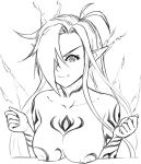  1girl antenna_hair body_writing breasts closed_mouth fiery_hair greyscale hair_over_one_eye hands_up ignis_(monster_girl_encyclopedia) large_breasts long_hair looking_at_viewer maritan_(pixelmaritan) monochrome monster_girl_encyclopedia nipples nude one_eye_covered pointy_ears smile solo upper_body white_background 
