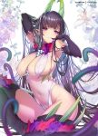  1girl ane_naru_mono arm_up armpits bangs black_hair breasts bright_pupils chiyo_(ane_naru_mono) cleavage covered_navel demon_girl elbow_gloves eyebrows_visible_through_hair floral_background flower gloves hong_(white_spider) horns large_breasts leotard lily_(flower) long_hair mole mole_under_eye parted_lips pointy_ears purple_eyes see-through solo tentacle_hair tentacles thighs very_long_hair white_leotard 