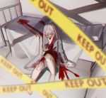 1girl absurdres barefoot bed blanket bleeding blood blood_on_face bloody_clothes bloody_hands blurry blurry_foreground caution_tape closed_eyes grey_hair hair_between_eyes highres huge_filesize indoors keep_out long_hair original pillow sitting solo zelato 