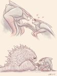  &lt;3 anthro black_body claws duo eyes_closed fangs female godzilla godzilla_(series) grey_body hi_res kaiju male multicolored_body muto_(godzilla) open_mouth open_smile red_body red_eyes simple_background smile spikes tentacles toho two_tone_body vipery-07 