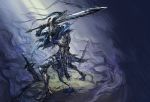  1boy armor artorias_the_abysswalker bleeding blood clawed_gauntlets dark_souls dripping epic full_armor gauntlets glint greaves helmet highres holding holding_sword holding_weapon light_rays male_focus over_shoulder pauldrons planted planted_sword planted_weapon shadow shoulder_armor solo souls_(from_software) standing sword sword_over_shoulder torn_clothes touge_(kubiwa_tsuki) weapon weapon_over_shoulder 