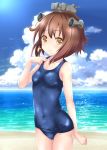  1girl beach blue_sky blue_swimsuit brown_eyes brown_hair cameltoe cloud commentary_request covered_nipples cowboy_shot day headgear headset highres horizon kantai_collection looking_at_viewer nendoroya ocean outdoors school_swimsuit short_hair sky smile solo speaking_tube_headset standing swimsuit yukikaze_(kantai_collection) 