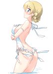  1girl artist_name ass backless_swimsuit blonde_hair blue_eyes blush braid breasts butt_crack covered_nipples darjeeling_(girls_und_panzer) dated girls_und_panzer highres kuzuryuu_kennosuke large_breasts looking_at_viewer looking_back shiny shiny_hair shoulder_blades simple_background solo swimsuit swimwear white_background white_swimsuit 