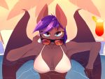  4:3 absurd_res anthro bat_pony breasts chapaevv clothing crescent_star_(mlp) digital_media_(artwork) equid eyewear fan_character female glasses hasbro hi_res looking_at_viewer mammal my_little_pony patreon pool_(disambiguation) smile solo summer sunglasses wings 