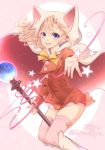  1girl akehata_hikari animal_ears blonde_hair blue_eyes boots cat_ears character_name final_fantasy final_fantasy_v hair_between_eyes krile_mayer_baldesion looking_at_viewer open_mouth pink_background pink_ribbon reaching_out ribbon simple_background solo staff thighhighs white_hood white_mage white_robe yellow_ribbon 