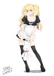  1girl 2018 absurdres bangs black_footwear black_shirt black_skirt blonde_hair blush boots breasts cleavage collarbone contrapposto dated eyebrows_visible_through_hair full_body hair_between_eyes highres long_hair looking_at_viewer miniskirt original parted_lips pink_eyes ribbon shiny shiny_hair shirt short_sleeves signature skirt solo standing stuffed_animal stuffed_toy thigh_boots thighhighs twintails very_long_hair viktorf white_ribbon zettai_ryouiki 