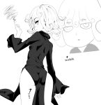  1girl ass black_dress breasts curly_hair dress greyscale highres long_sleeves looking_at_viewer momio monochrome multiple_views no_panties one-punch_man short_hair side_slit simple_background small_breasts tatsumaki telekinesis 