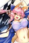 1girl animal_ear_fluff animal_ears bare_shoulders blush bow breasts checkered checkered_flag cleavage commentary_request fate/extra fate/grand_order fate_(series) flag fox_ears fox_girl fox_tail hair_bow hair_ribbon highres large_breasts long_hair looking_at_viewer open_mouth pink_hair ribbon smile solo sports_bra tail tamamo_(fate)_(all) tamamo_no_mae_(fate) wisespeak yellow_eyes 