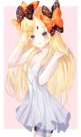  1girl abigail_williams_(fate/grand_order) arm_up bangs bare_arms bare_shoulders black_bow blonde_hair blue_eyes bow breasts cleavage closed_mouth collarbone commentary_request cowboy_shot dress eyes_visible_through_hair fate/grand_order fate_(series) hair_bow hand_in_hair hand_up highres keyhole long_hair looking_at_viewer ondo_(pixiv33569221) orange_bow parted_bangs pink_background polka_dot polka_dot_bow see-through see-through_silhouette skindentation sleeveless sleeveless_dress small_breasts smile solo standing thigh_strap two-tone_background very_long_hair white_background white_dress 