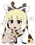  1girl animal_ears animal_print bangs blonde_hair blue_eyes commentary_request eyebrows_visible_through_hair fellatio_gesture giraffe_ears giraffe_horns giraffe_print gradient_hair heart horns kemono_friends long_tongue multicolored_hair open_mouth prehensile_tongue print_scarf r-one reticulated_giraffe_(kemono_friends) saliva saliva_trail scarf sexually_suggestive short_sleeves simple_background solo tongue tongue_out upper_body white_background white_hair 