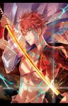  1boy abs cape embers emiya_shirou fate/grand_order fate_(series) holding holding_sword holding_weapon katana letterboxed looking_at_viewer male_focus navel parted_lips red_hair scabbard sengo_muramasa_(fate) sheath shrug_(clothing) solo sparks sword unsheathing upper_body waltz_(tram) weapon wristband yellow_eyes 