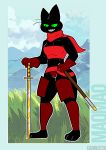  absurd_res animal_genitalia anthro belt black_body black_fur bra breasts cape carrus cartoon_network cleavage clothed clothing crossgender domestic_cat felid feline felis female fur genitals gloves green_eyes handwear hi_res holding_object holding_sword holding_weapon katana mammal mao_mao:_heroes_of_pure_heart melee_weapon muscular panties red_clothing scarf sheath sheriff_mao_mao_mao shin_guards simple_background smile solo standing sword teeth text underwear weapon 
