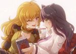  2girls ;d ahoge animal_ears black_hair blake_belladonna blonde_hair blush bubble_tea cat_ears couple drinking_straw holding jacket long_hair long_sleeves moai_(moai_world) multiple_girls one_eye_closed open_mouth purple_eyes rwby shiny shiny_hair simple_background smile sweatdrop very_long_hair white_background white_jacket yang_xiao_long yellow_eyes 