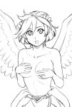  1girl :o angel_wings breasts collarbone commentary covering covering_breasts english_commentary feathered_wings genderswap genderswap_(mtf) greyscale hair_between_eyes kid_icarus large_breasts laurel_crown looking_at_viewer maritan_(pixelmaritan) monochrome pit_(kid_icarus) short_hair simple_background solo topless white_background wings 