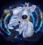  2020 4_toes anthro artisipancake big_breasts big_muscles black_body black_fur black_nipples breasts canid canine canis clitoris digital_media_(artwork) dipstick_tail female floating fluffy fluffy_tail fur galaxy genitals giga gloves_(marking) hand_behind_head hi_res huge_breasts iridium jewelry leg_markings macro mammal markings multicolored_tail muscular muscular_female narrowed_eyes necklace nipples nude open_mouth pawpads paws pussy socks_(marking) solo toes white_body white_fur wolf 