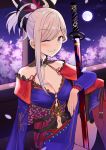  1girl absurdres asymmetrical_hair bare_shoulders black_legwear blue_eyes blue_kimono boo_iro breasts cherry_blossoms cleavage detached_sleeves earrings eyebrows_visible_through_hair fate/grand_order fate_(series) full_moon hair_ornament highres japanese_clothes jewelry katana kimono large_breasts leaf_print looking_at_viewer magatama maple_leaf_print miyamoto_musashi_(fate/grand_order) moon navel_cutout obi outdoors pink_hair ponytail sandals sash sitting sky sleeveless sleeveless_kimono solo star_(sky) starry_sky sword tears thighhighs weapon wide_sleeves 