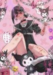  1girl bandages bangs black_choker black_dress black_eyes black_hair black_nails blood blood_on_arm bloody_weapon blush bruise cassette_tape chain chainsaw_man choker collarbone cross cuts dirt dress earrings emoji feet gothic_lolita hair_between_eyes heart higashiyama_kobeni highres holding holding_knife holding_weapon injury jewelry knife lightning lightning_bolt lolita_fashion looking_at_viewer medium_hair mole mole_on_cheek mole_under_eye mole_under_mouth moroboshi_minami multicolored multicolored_nails multiple_moles nail_polish pill pink_background ponytail red_nails skeleton socks solo speech_bubble stuffed_animal stuffed_toy tied_hair translation_request weapon 