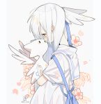  1girl blue_ribbon blush flower gen_2_pokemon heo_nyang highres long_hair petals pokemon profile red_flower ribbon sailor_collar shirt short_sleeves simple_background solo tears togetic twitter_username upper_body white_background white_hair white_sailor_collar white_shirt 