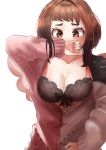  1girl black_bra blurry blurry_background blush boku_no_hero_academia bow bow_bra bra breasts brown_eyes brown_hair cleavage collarbone covering_mouth depth_of_field hand_over_own_mouth highres jacket lace lace-trimmed_bra long_sleeves looking_at_viewer medium_breasts open_clothes open_jacket short_hair sidelocks simple_background solo underwear uraraka_ochako zd_(pixiv6210083) 
