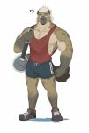 bag clothing gym_shorts hair hyaenid ixkouu male mammal muscular pecs plantigrade shirt simple_background solo spots spotted_body tail_tuft tank_top topwear tuft white_background white_hair 